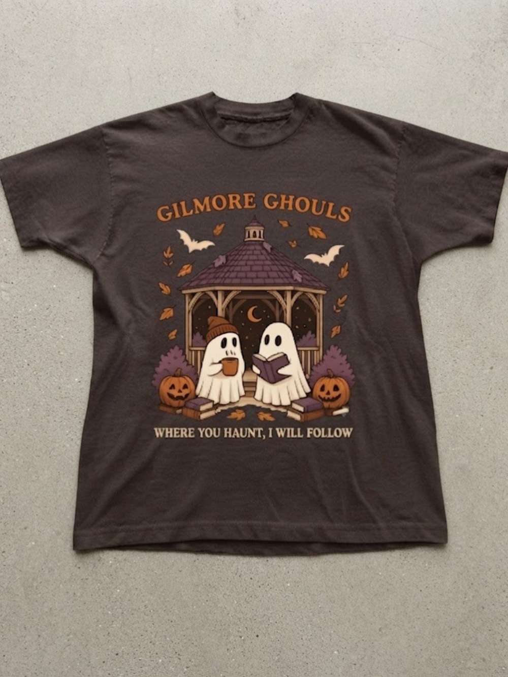 Gilmore Ghouls Halloween Cute Ghost Fall Reading Graphic Gildan T-shirt Brown